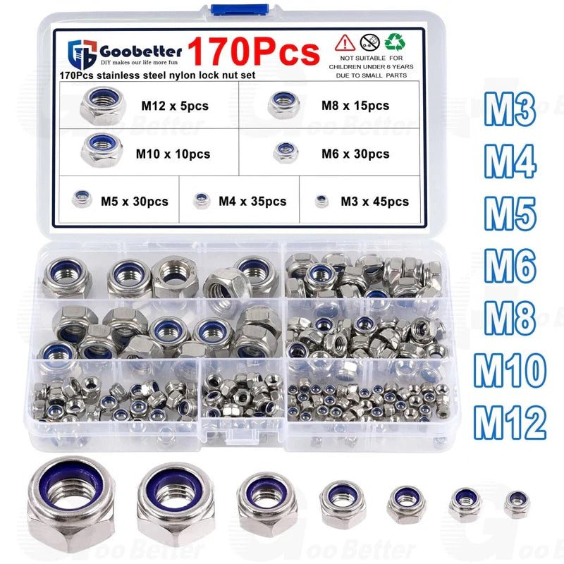 170PCS M3 M4 M5 M6 M8 M10 M12 Lock Nut Nylon Insert Hex Course Stainless Steel Set - HomeDIYer