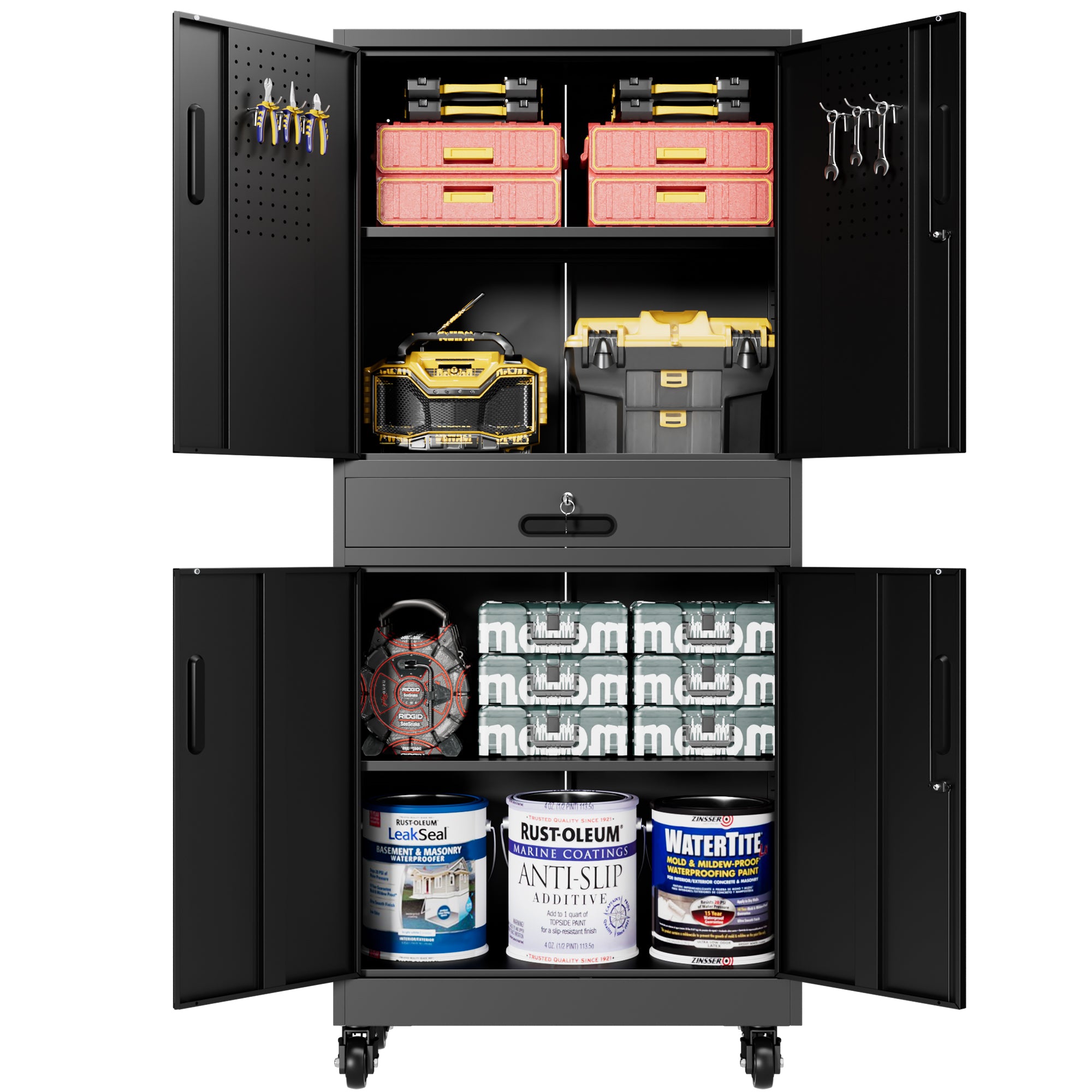 71" Metal Garage Storage Cabinet with Drawer, Pegboard Door, Locking Doors & Rolling Wheels, 720 lb Capacity