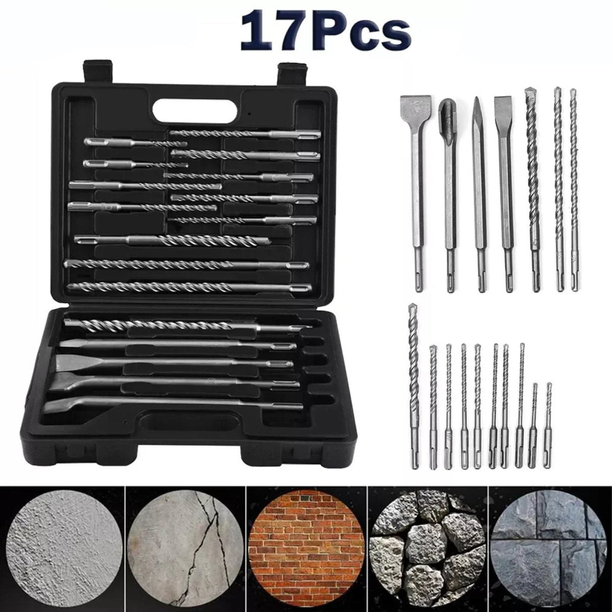 17x SDS Plus Rotary Hammer Drill Bit Chisels Set Concrete Stone with Plastic Box - HomeDIYer