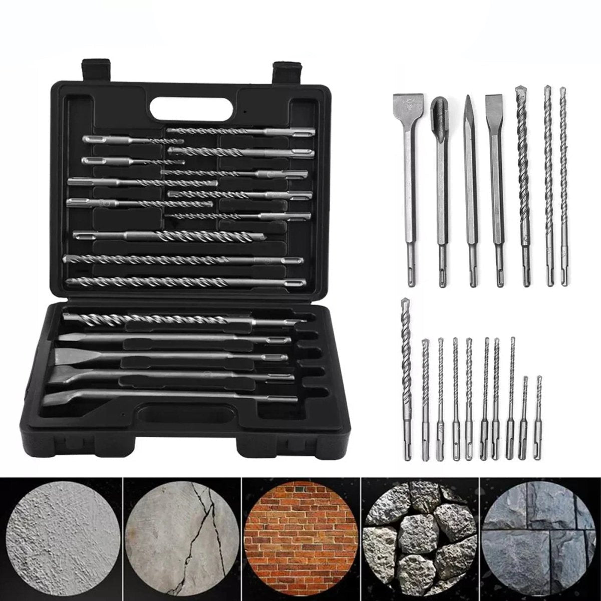 17x SDS Plus Rotary Hammer Drill Bit Chisels Set Concrete Stone with Plastic Box - HomeDIYer