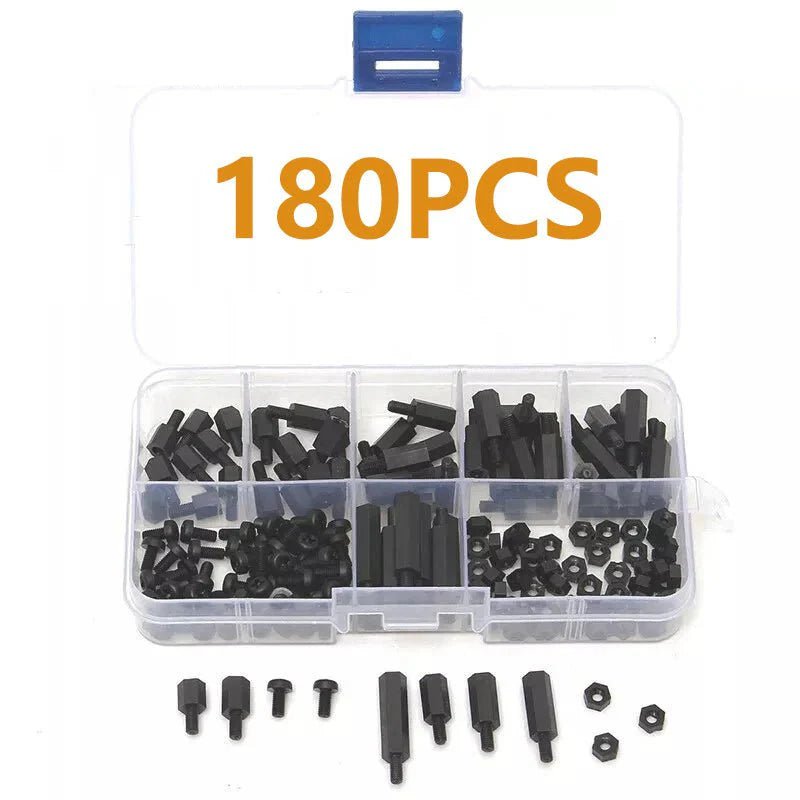 180PCS M3 Black Nylon Hex Spacers Screw Nut Stand - off Kit With Plastic Box Set - HomeDIYer