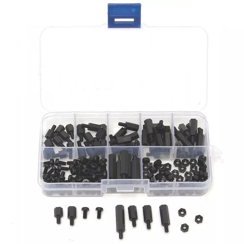 180PCS M3 Black Nylon Hex Spacers Screw Nut Stand - off Kit With Plastic Box Set - HomeDIYer