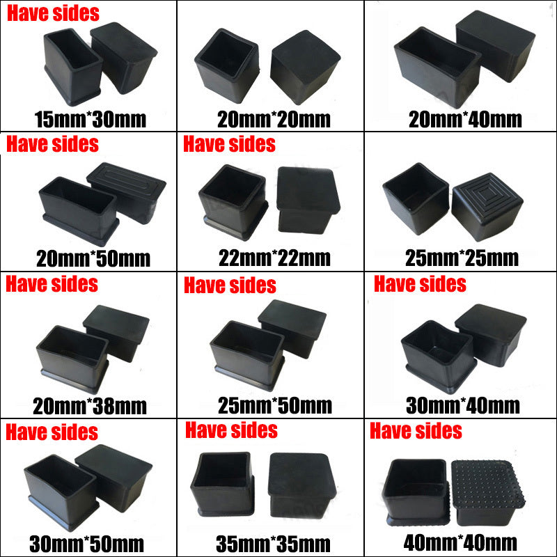 Assortment of black PVC rubber rectangle end caps in multiple sizes