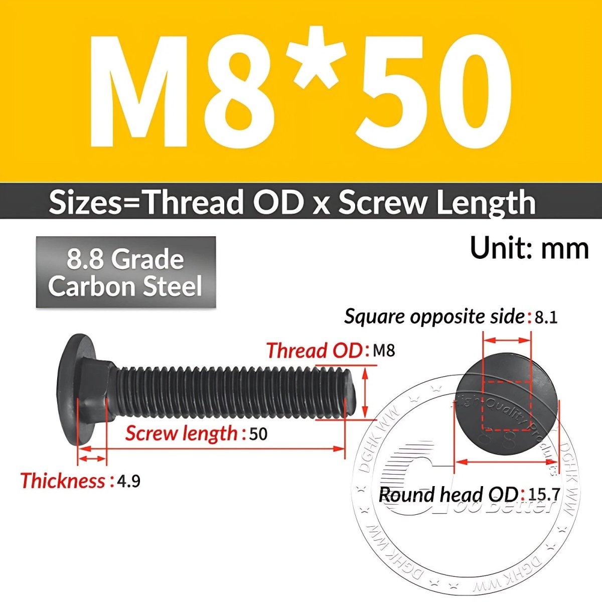 Black 8.8 Grade Steel Carriage Bolts | Cup Square Dome Head | M6–M24 - HomeDIYer