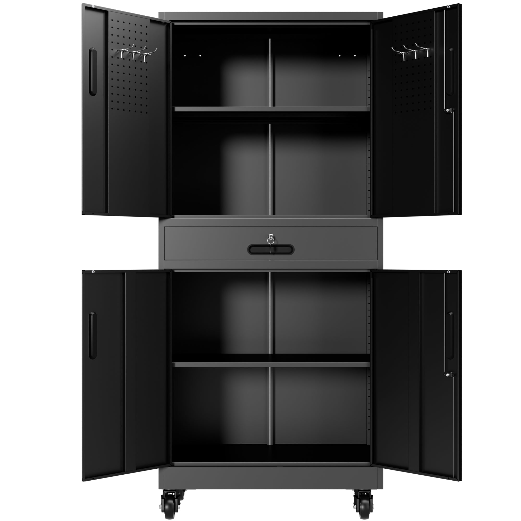71" Metal Garage Storage Cabinet with Drawer, Pegboard Door, Locking Doors & Rolling Wheels, 720 lb Capacity