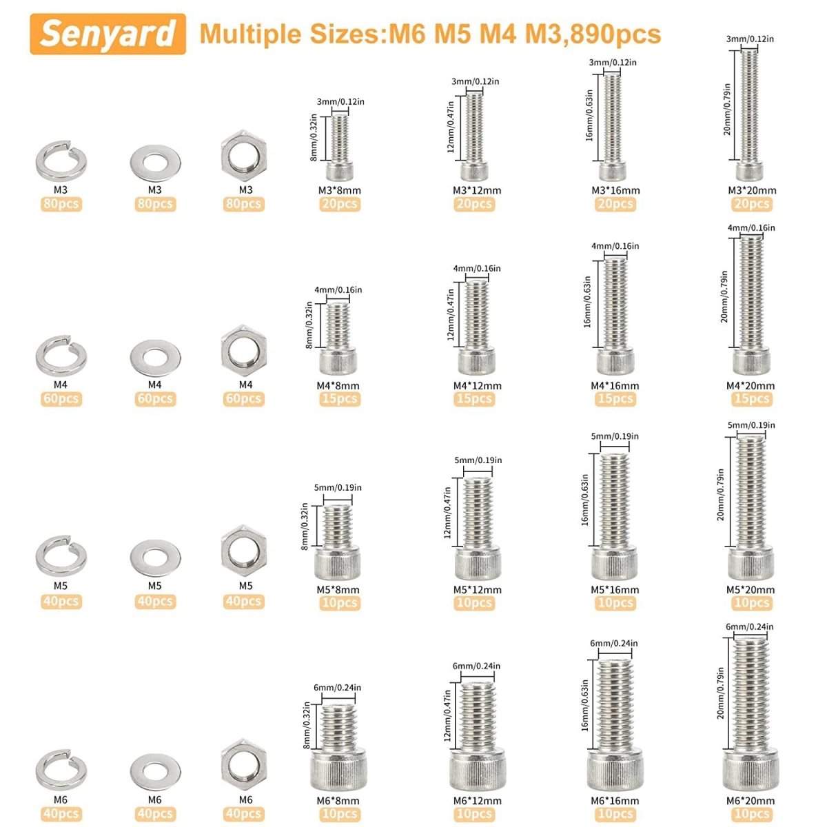 890Pcs M3 M4 M5 M6 Screw Bolts Nuts & Washer Set Hex Head Cap A2 Assortment Kit - HomeDIYer