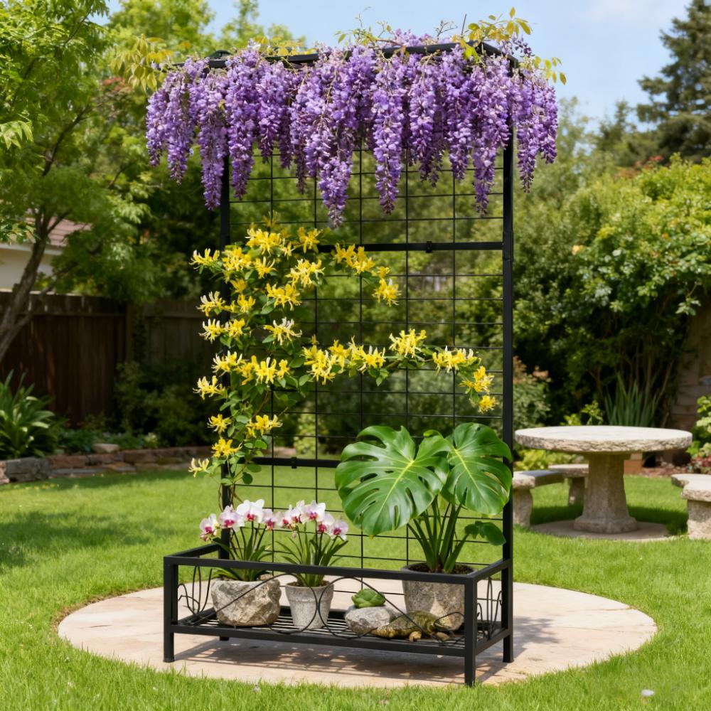Plant Holder,Metal Tall Plant Stand with Trellis and Hanging Bar,for Indoor Outdoor Use