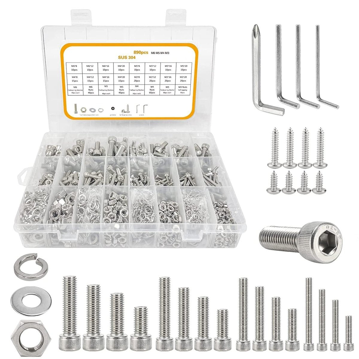 890Pcs M3 M4 M5 M6 Screw Bolts Nuts & Washer Set Hex Head Cap A2 Assortment Kit - HomeDIYer