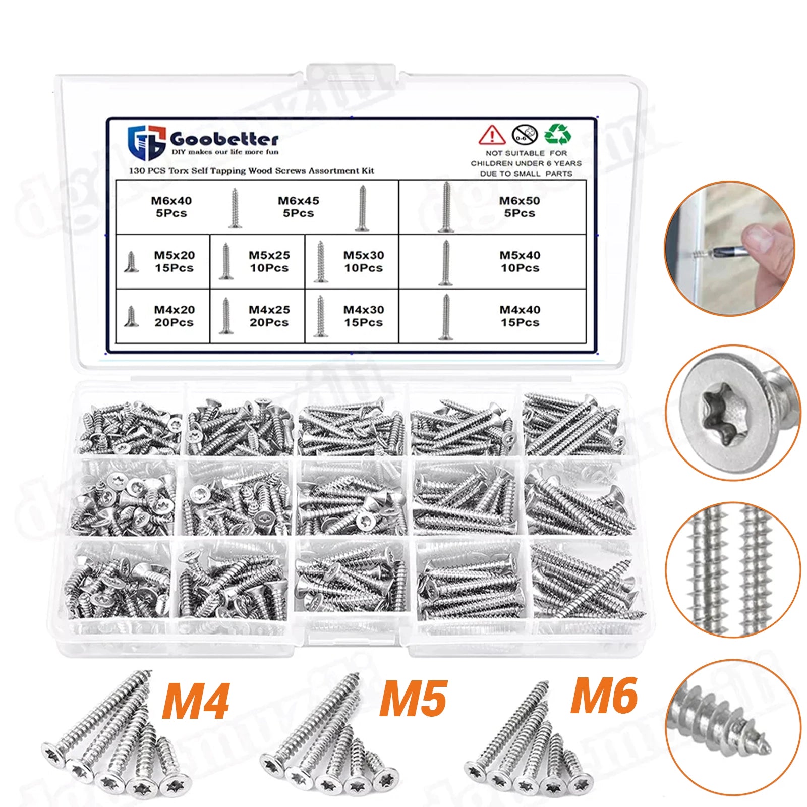 130pcs M4 M5 M6 Self - tapping screws Torx countersunk head wood screws stainless steel - HomeDIYer