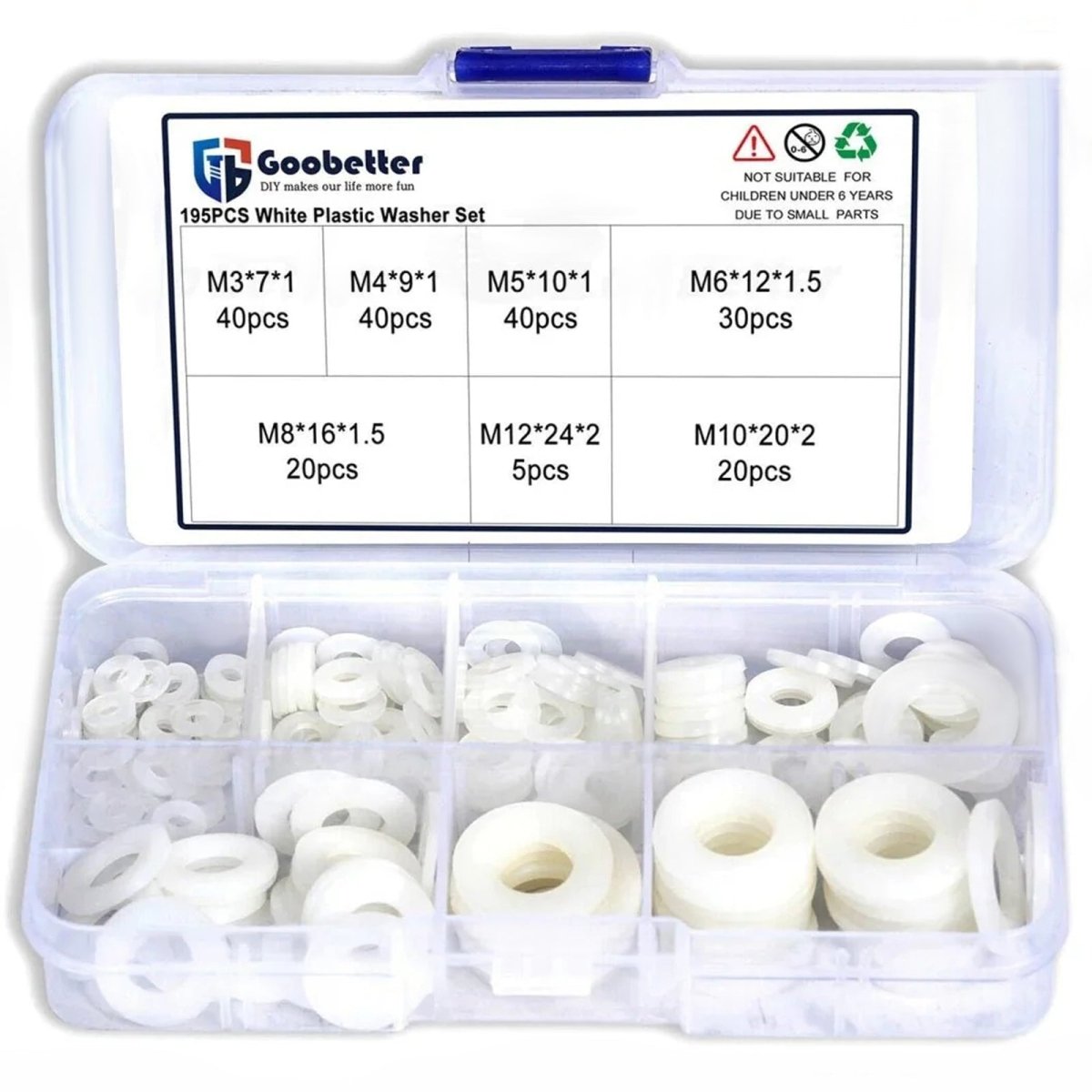 195pcs M3 - M12 White Nylon Flat Washers Set Assorted Seals Washer O - Ring Gasket - HomeDIYer