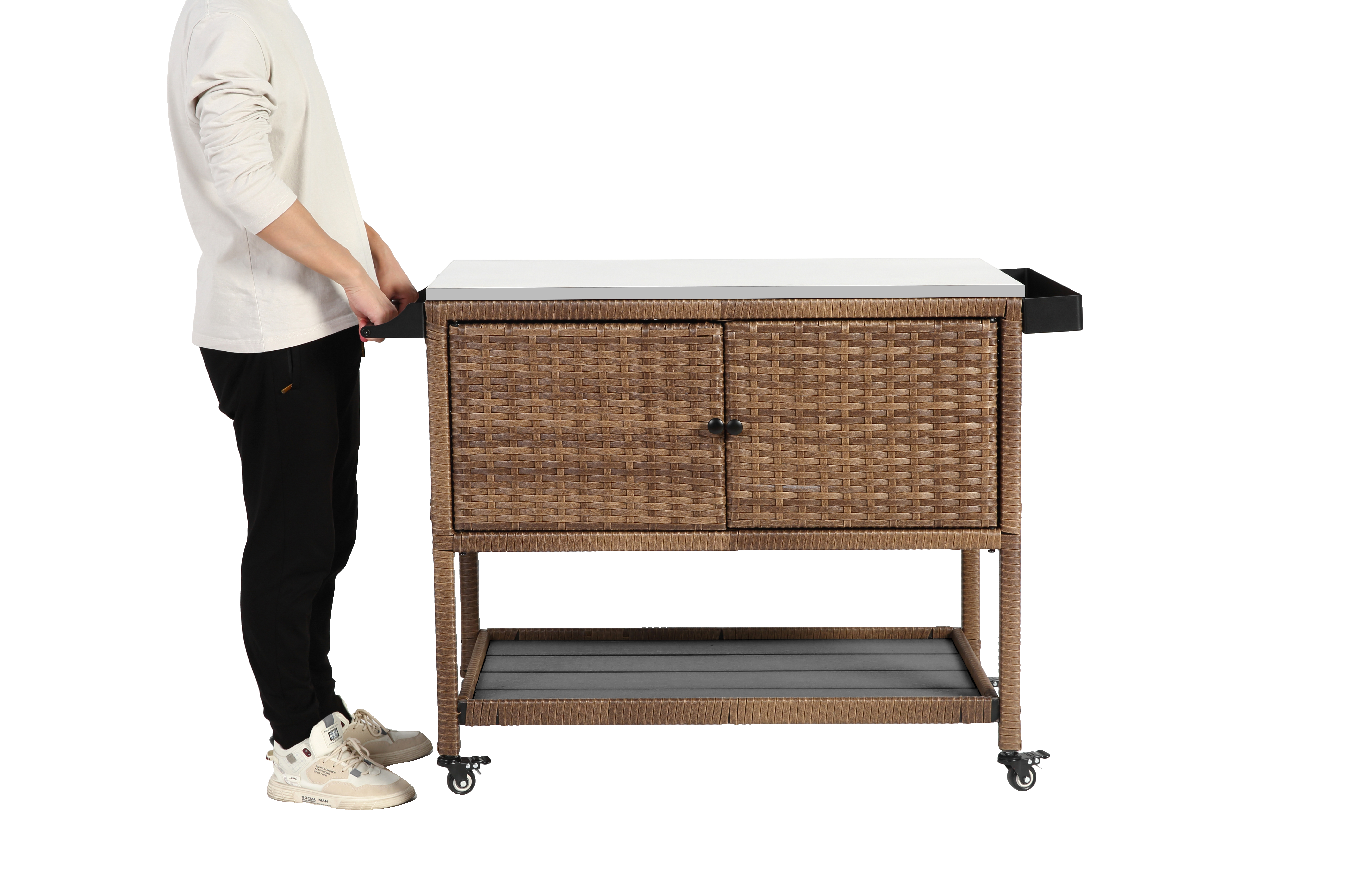 Outdoor Wicker Bar Cart, Patio Wine Serving Cart w/Wheels, Rolling Rattan Beverage Bar Counter Table with stainless steel Top for Porch Backyard Garden Poolside Party, Brown