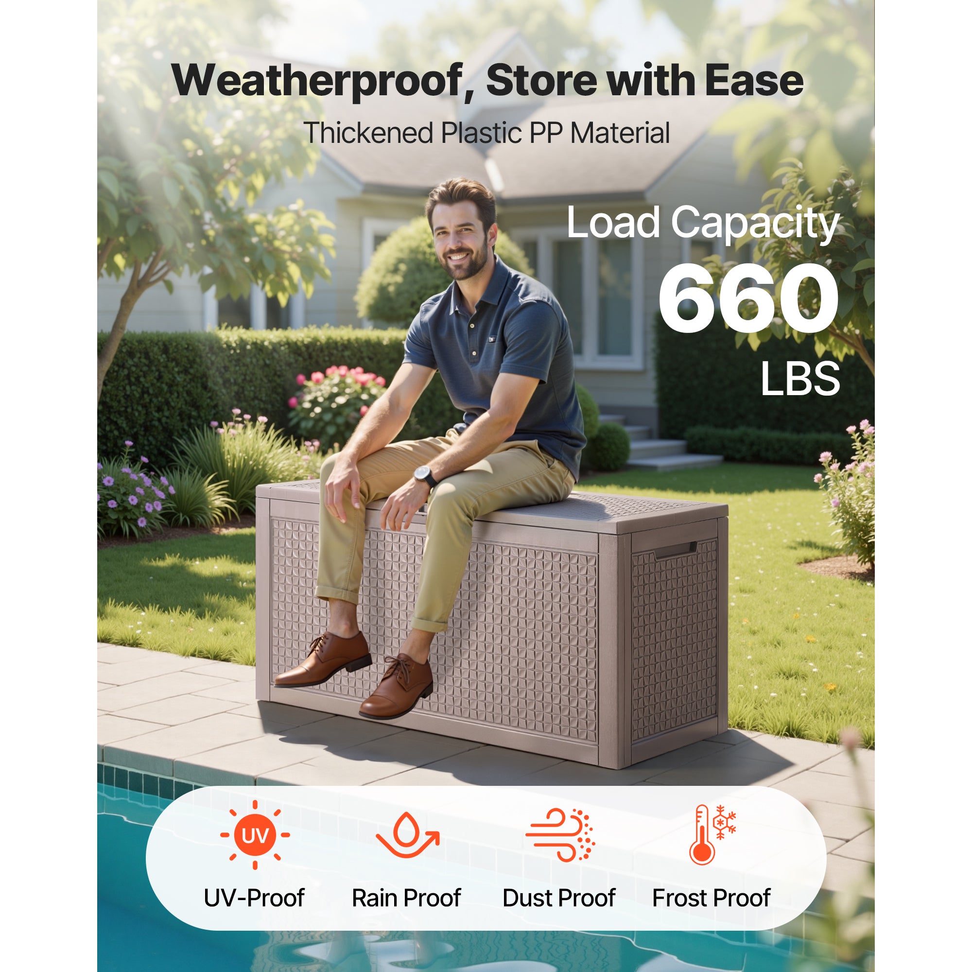 Outdoor Storage Box, 100 Gallon Resin Deck Box, Backyard Outside Toy and Towel Storage Cabinet Waterproof, for Patio Furniture Cushions, Garden Tools, Pool Supplies & Package Delivery (Grey)