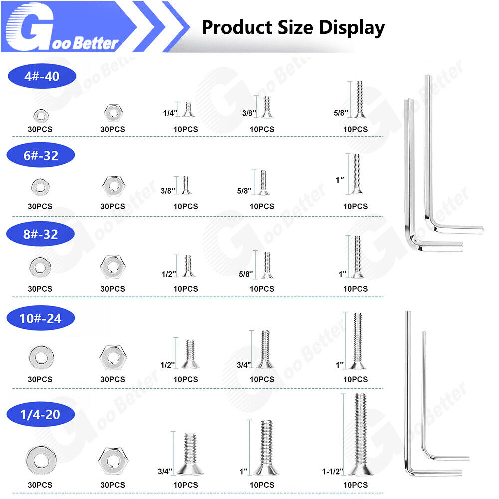 455Pcs Flat Head Socket Screws Washer Nut Assortment Kit 4 6 8 10 1/4'' Steel - HomeDIYer