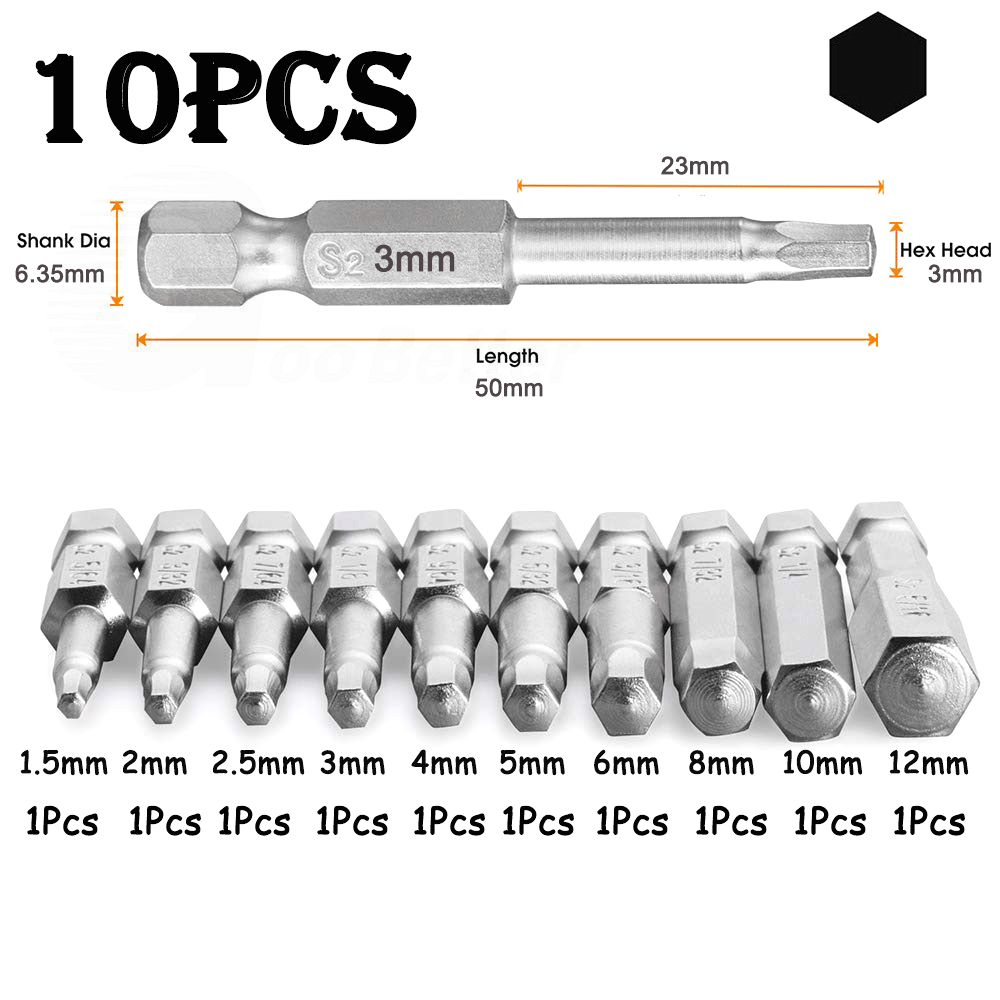 10Pcs 1.5 - 12mm Drill Bits Hex Screwdriver Set With Magnetic Allen Bit Shank 1/4" - HomeDIYer