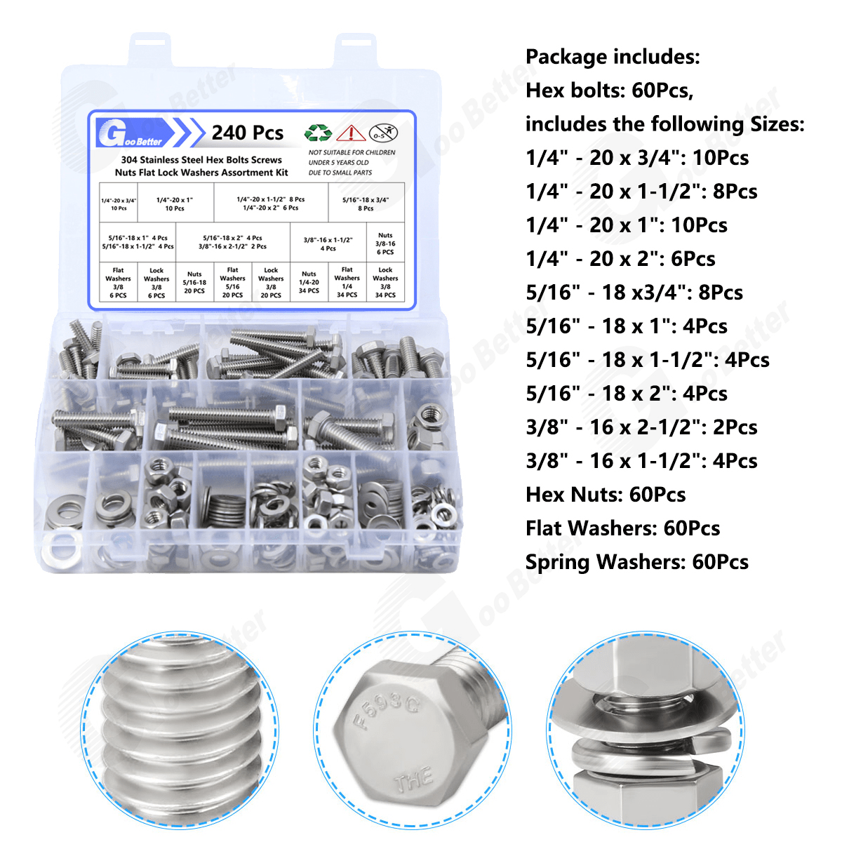 240 Pcs 1/4'' 5/16'' 3/8'' A2 Stainless Steel Hex Bolts Nuts Washers Assortment Kit - HomeDIYer