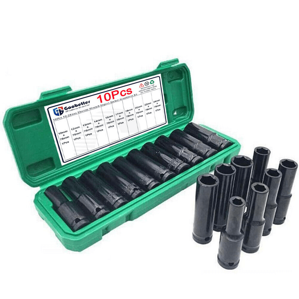 10x 1/2" Deep Impact Socket 10 - 24mm Set Metric Socket Drive Long Reach Thin Wall - HomeDIYer