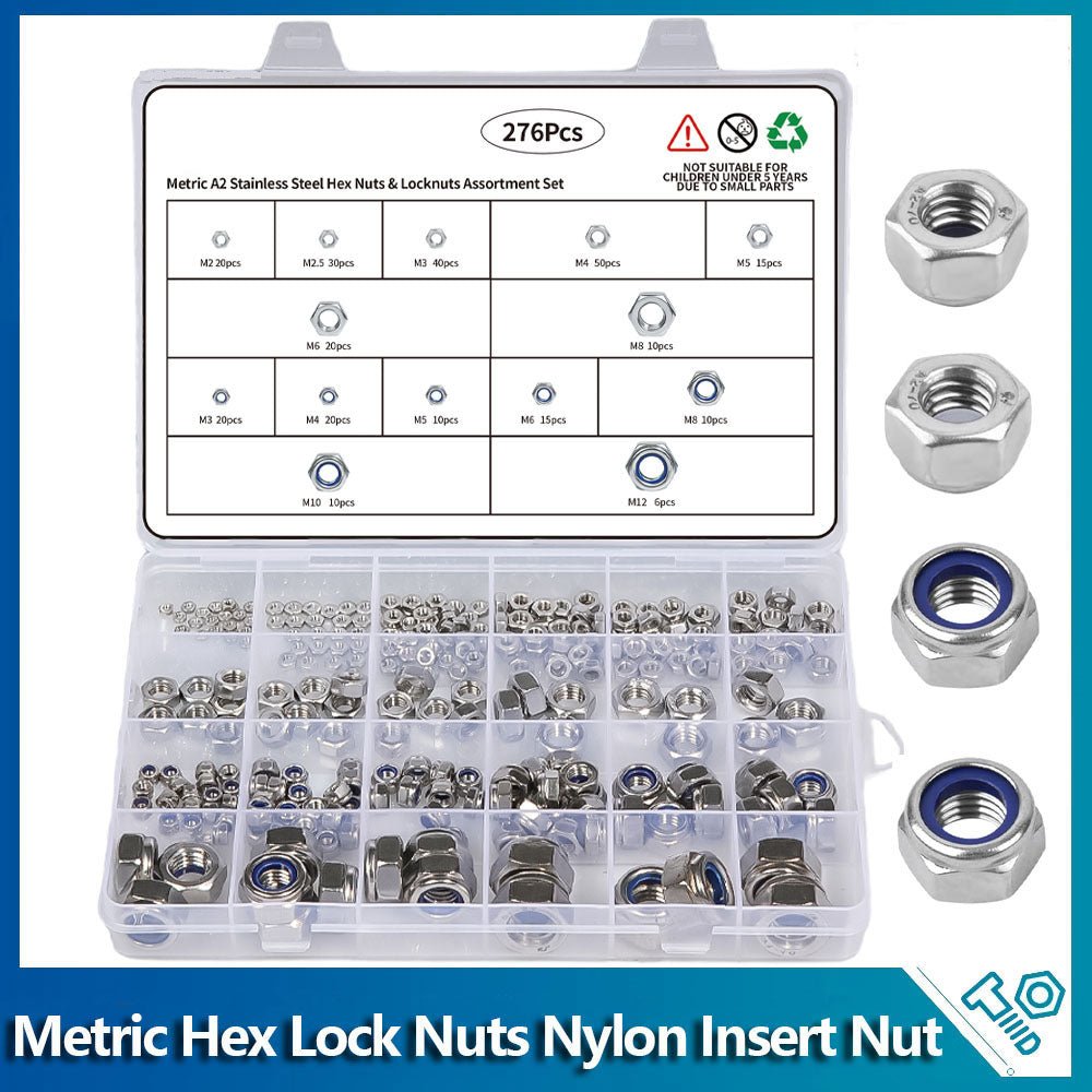 M2 To M12 276 Pcs 304 Stainless Steel Metric Hex Nuts & Locknuts Assortment Set - HomeDIYer