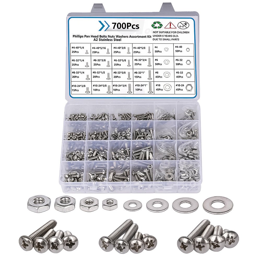 700Pcs Phillips Pan Head Screws Nuts Bolts and Flat Washers Assortment Set - HomeDIYer