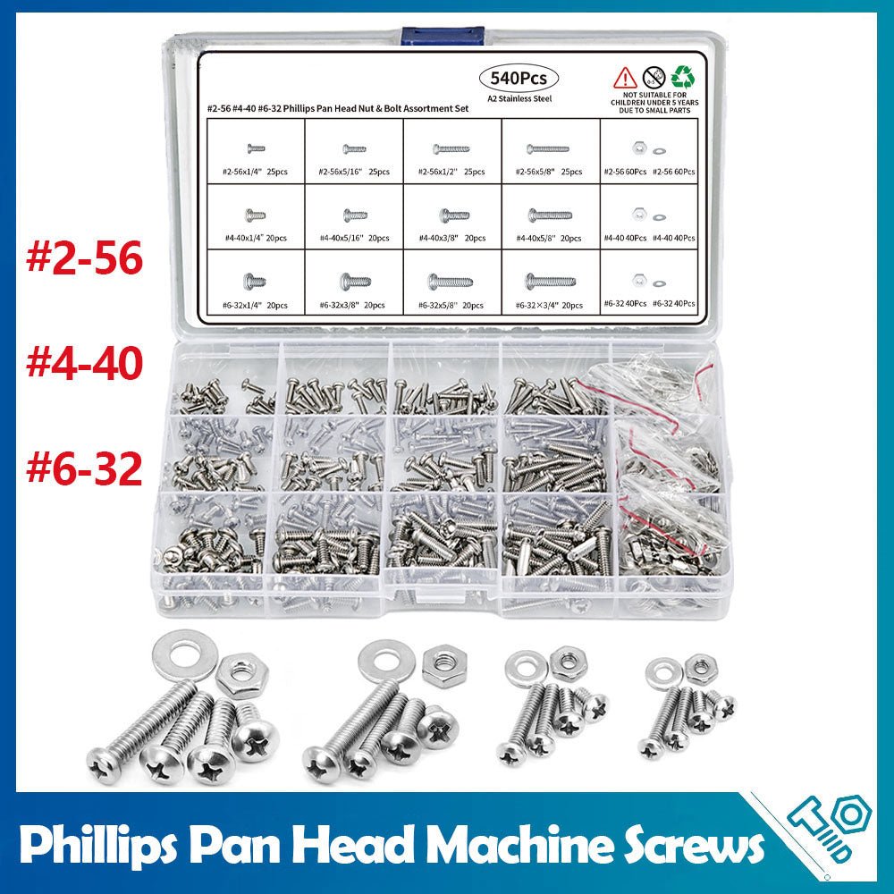 540 Pcs Stainless Phillips Pan Head Machine Screws Nuts Washers Assortment Set - HomeDIYer