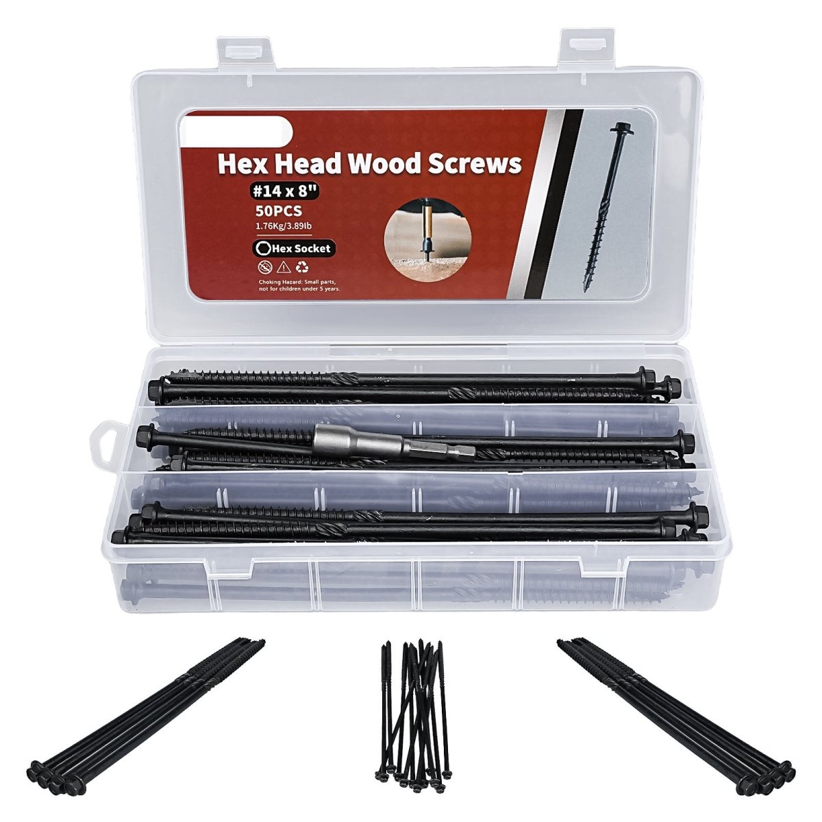 14 x 8" Hex Head Heavy Duty Black Timber Outdoor Log/Landscaping Wood Screw & Hex Socket 50Pcs - HomeDIYer