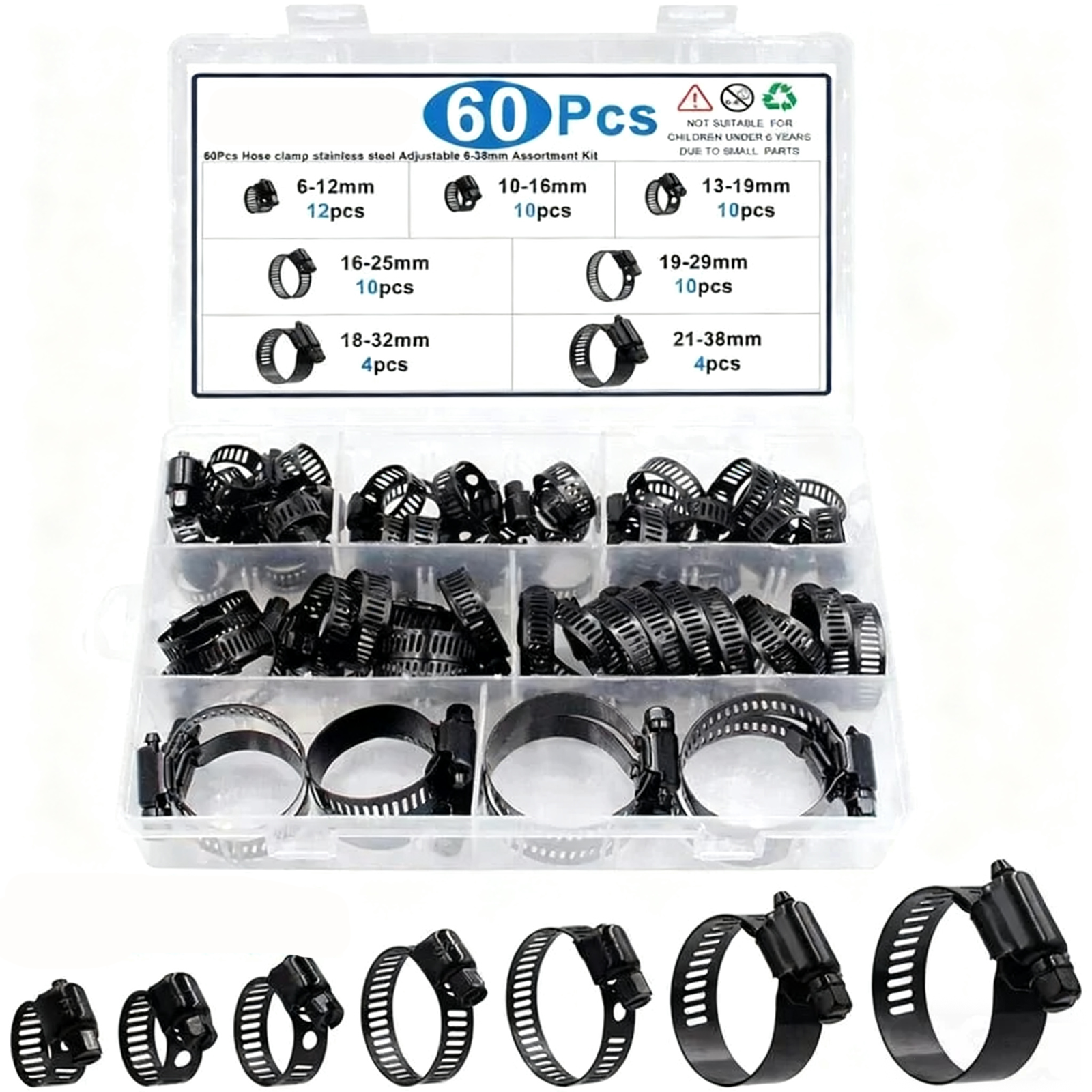 60 Pcs Stainless Steel Pipe Hose Clamp Kit Worm Driver Jubilee Clips Set Black