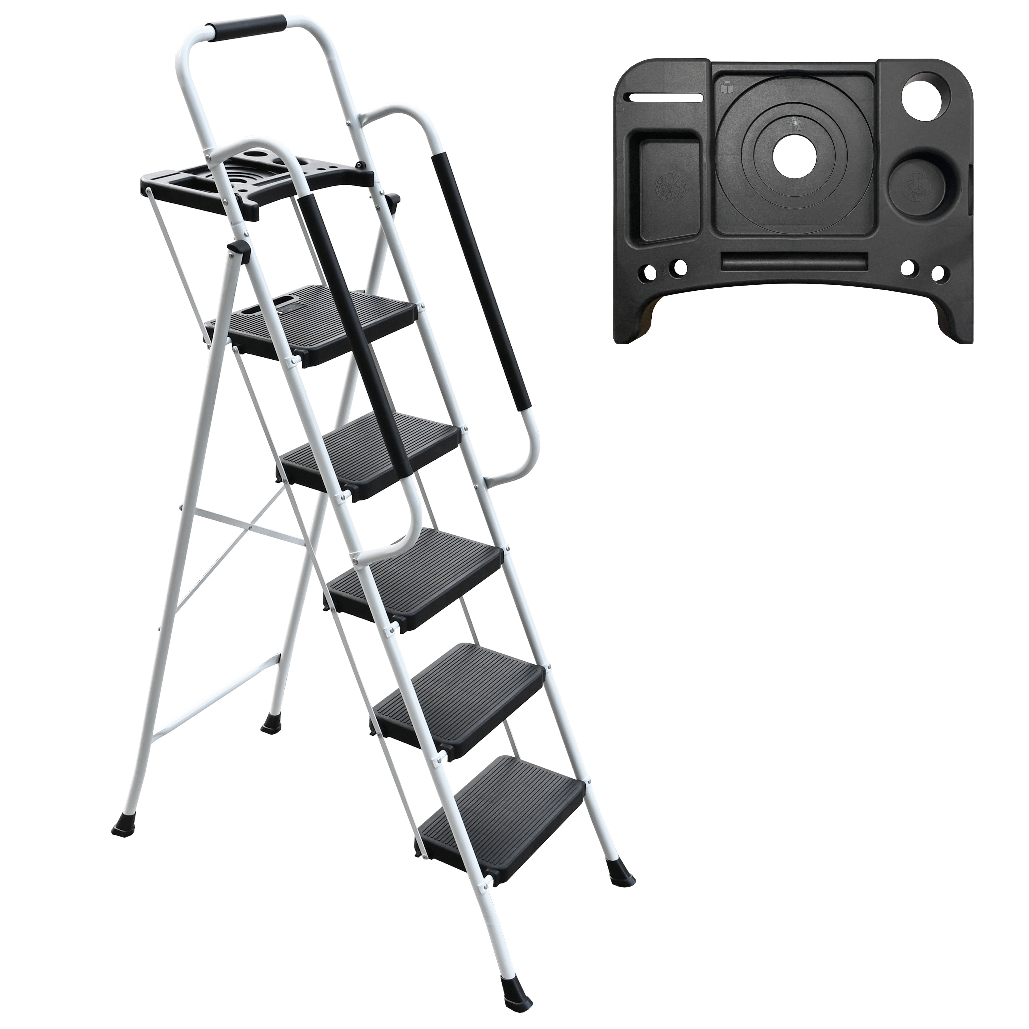 5‑Step Folding Step Stool with Handrails & Tool Tray — 330 lb Capacity, White & Black Steel, Non‑Slip Pedals