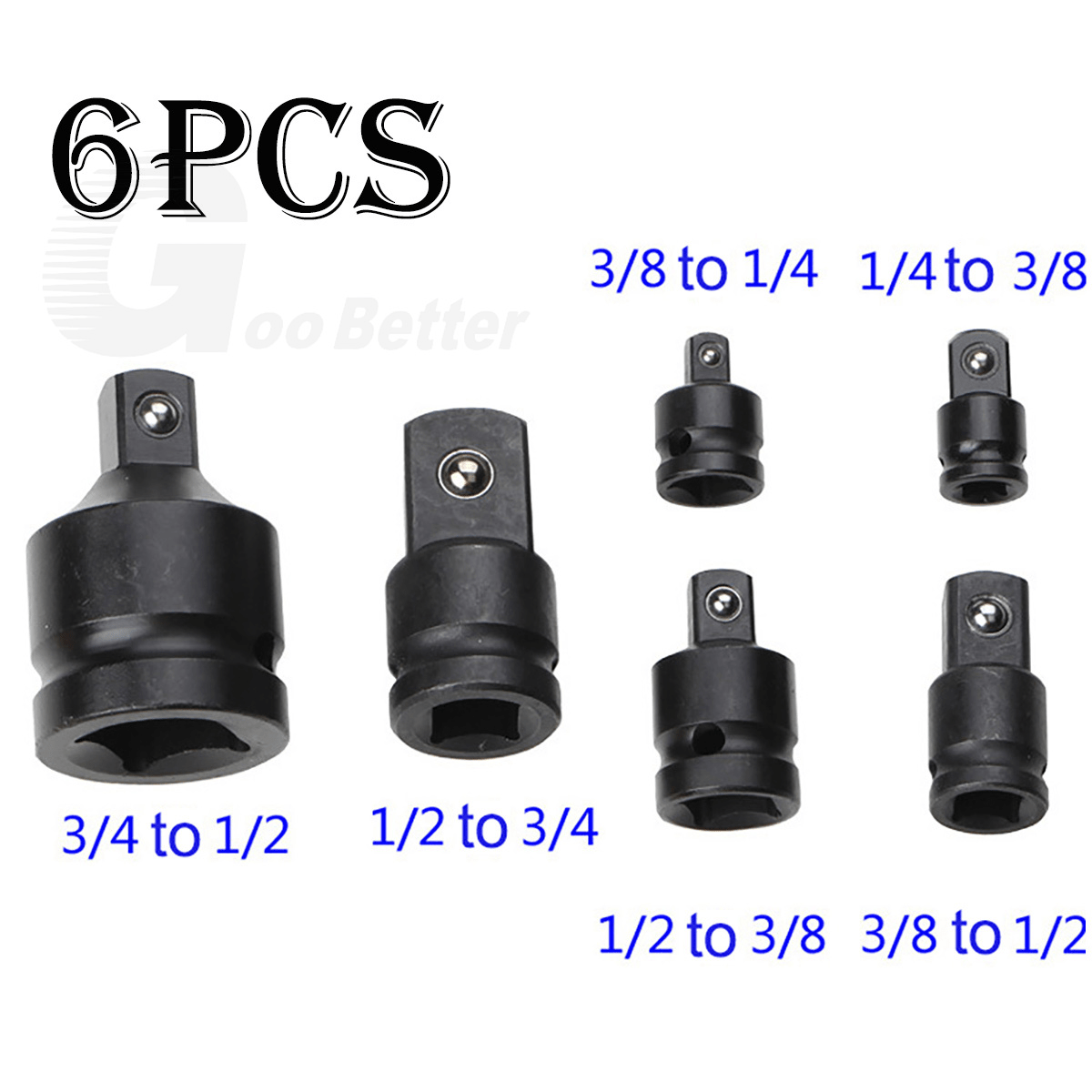 6Pcs Impact Socket Adaptor Tools Set 1/4" 3/8"~ 3/4" Drive Step Up/Down Reducer - HomeDIYer