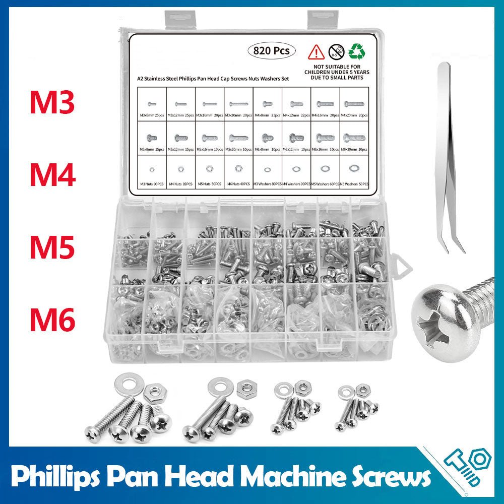 820 Pcs Stainless Phillips Pan Head Machine Screws Nuts Washers Assortment Set - HomeDIYer