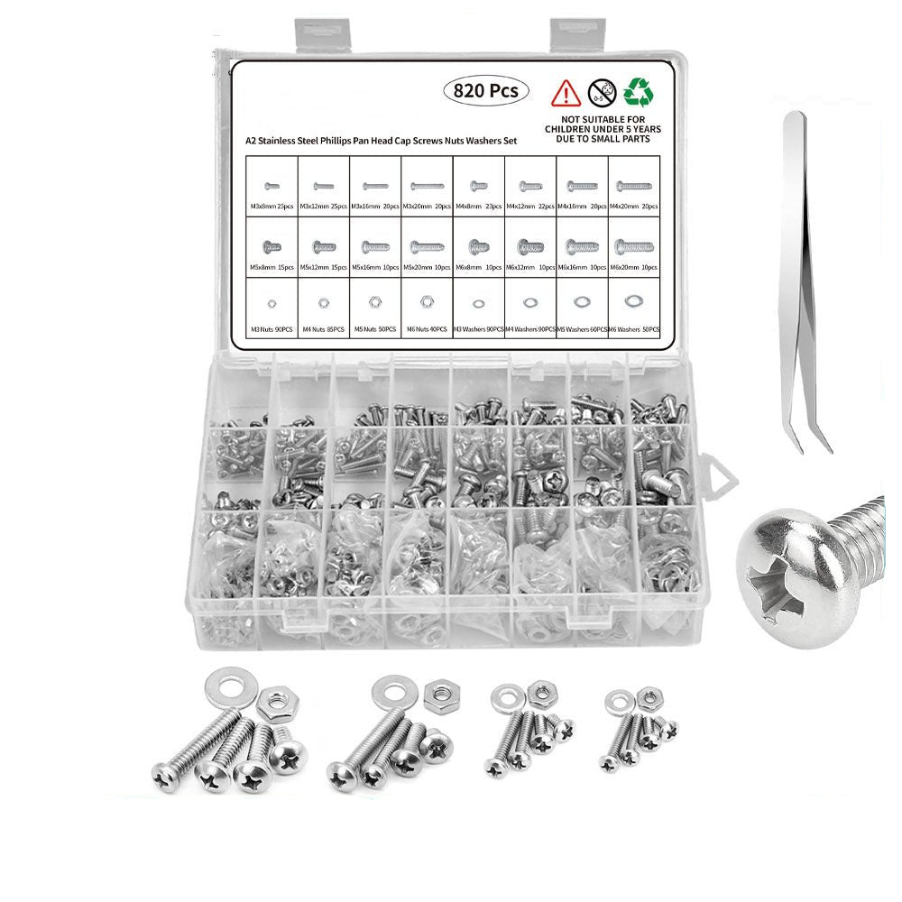 820 Pcs Stainless Phillips Pan Head Machine Screws Nuts Washers Assortment Set - HomeDIYer