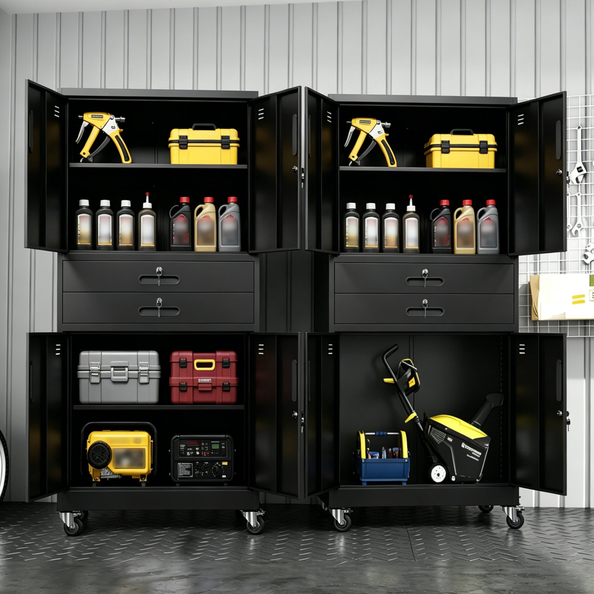 71" Metal Garage Storage Cabinet with Two Drawers, Pegboard Door, Locking Doors & Rolling Wheels, 720 lb Capacity