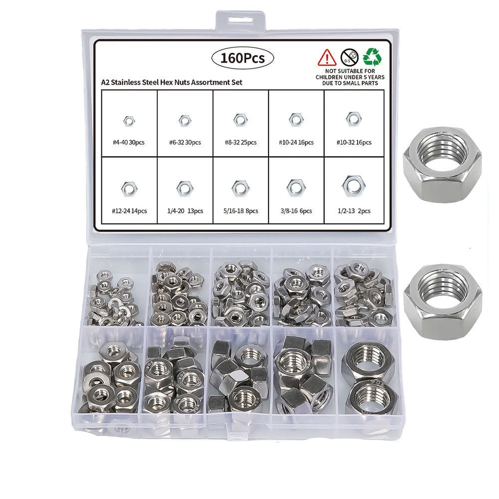4 6 8 10 12 1/4 5/16 3/8 1/2 160Pcs 304 Stainless Steel Hex Nuts Assortment Set - HomeDIYer
