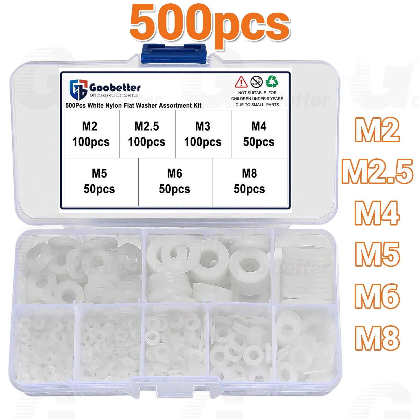 500Pc White Nylon Flat Washer Assortment Kit M2 - M8 Tight Seal Gasket Liquids Set - HomeDIYer