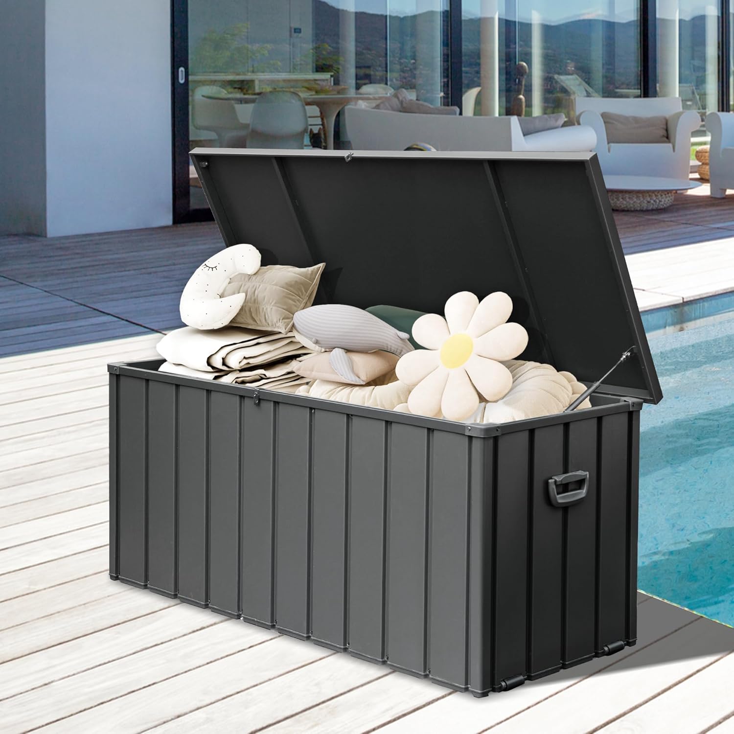 190 Gallon Metal Outdoor Deck Box – Waterproof Steel Storage Bench, Lockable Package Delivery, Dark Gray