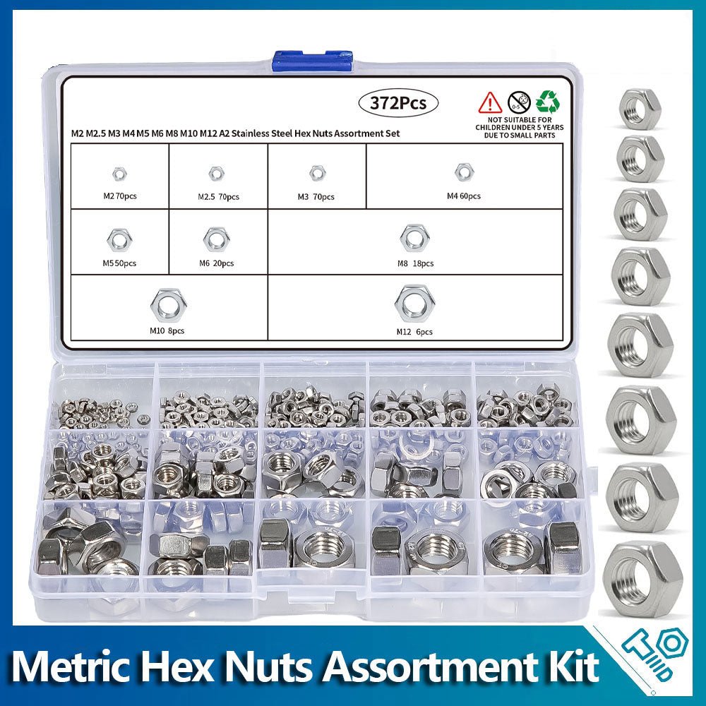 M2 M2.5 M3 M4 M5 M6 M8 - M12 372Pcs 304 Stainless Steel Metric Hex Nuts Assortment Set - HomeDIYer