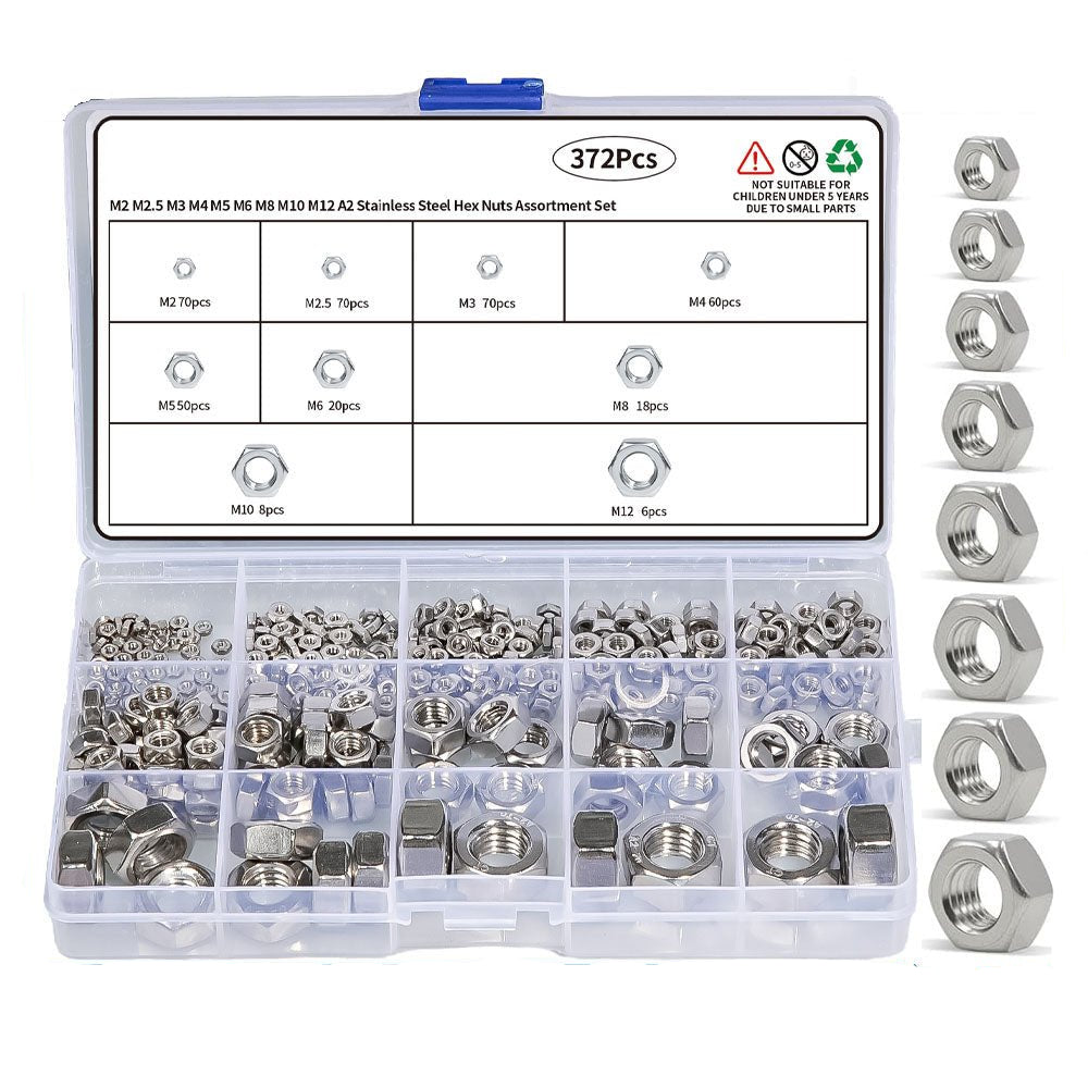 M2 M2.5 M3 M4 M5 M6 M8 - M12 372Pcs 304 Stainless Steel Metric Hex Nuts Assortment Set - HomeDIYer