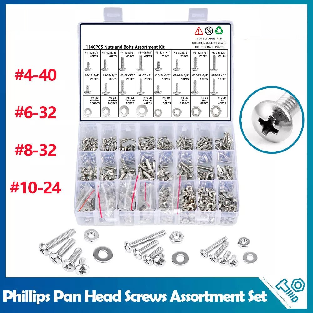 1140 Pcs Phillips Pan Head Screws Nuts Bolts and Flat Washers Assortment Set - HomeDIYer