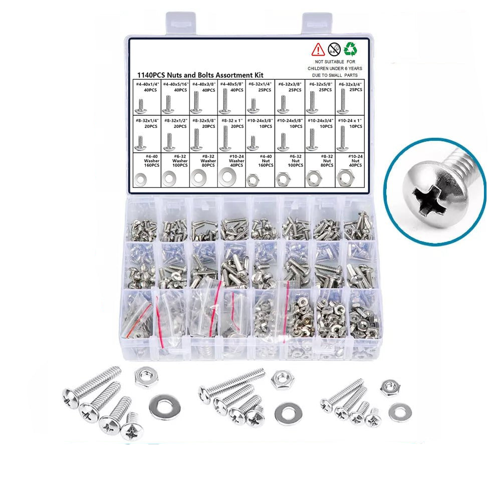 1140 Pcs Phillips Pan Head Screws Nuts Bolts and Flat Washers Assortment Set - HomeDIYer