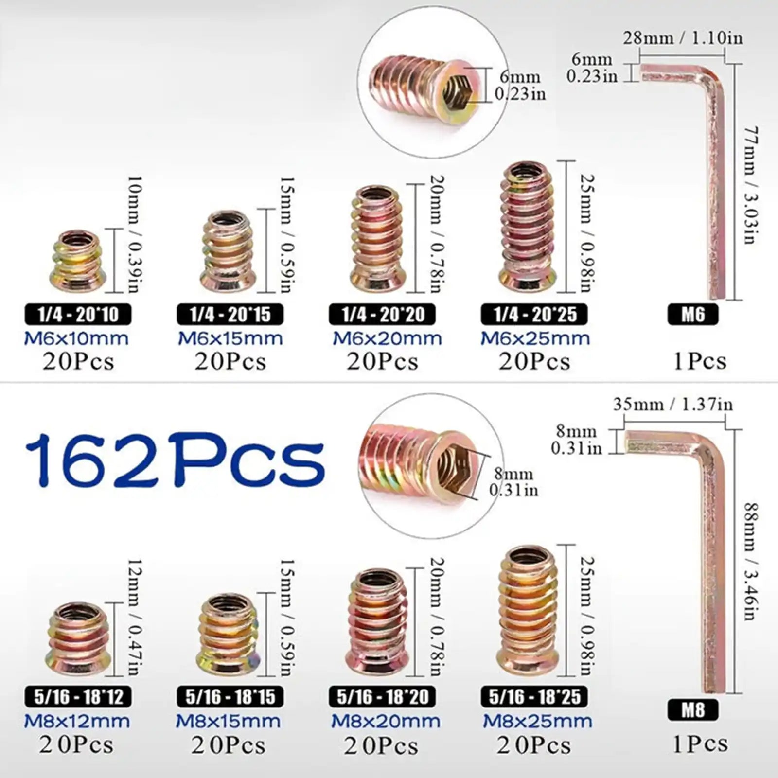 162Pcs Threaded Wood Inserts Kit - Carbon Steel Zinc Plated Furniture Nuts - HomeDIYer