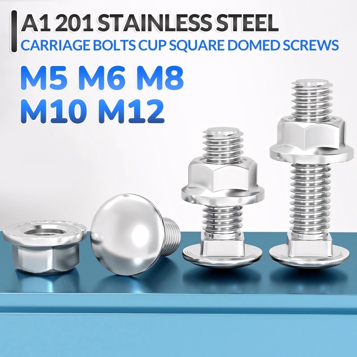 M5–M12 Carriage Bolts with Nuts | Cup Square Domed Head | 201 Stainless Steel - HomeDIYer