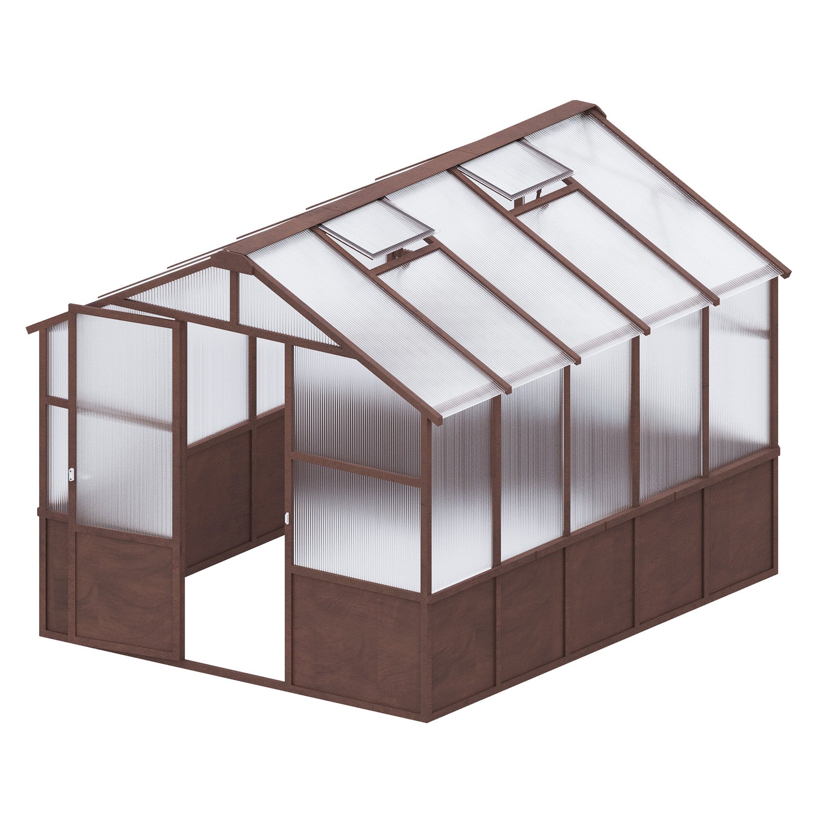 8ft x 10ft Cedar Wood Walk‑In Greenhouse — 6mm Polycarbonate Panels Adjustable Vent & Lockable Door Dark Coffee