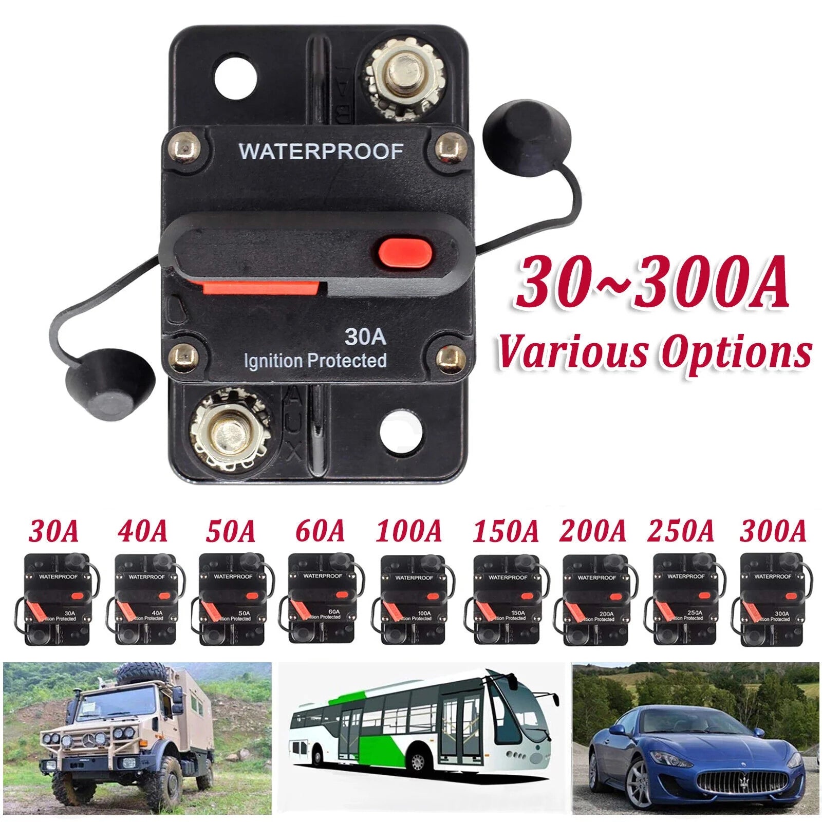 30 - 300Amp Waterproof Car Circuit Breaker Fuse Reset for Boat Auto RV DC 12V - 48V - HomeDIYer