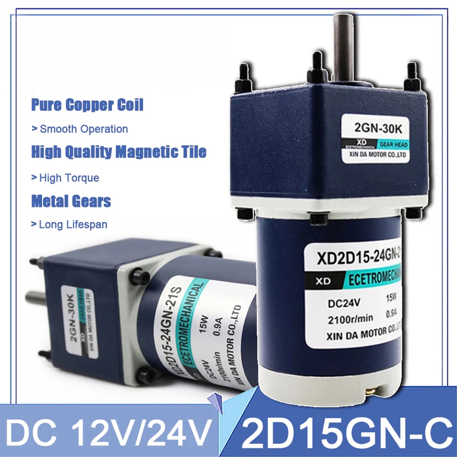 2D15GN - C Gear Motor DC 12V/24V 10 - 600RPM 15W Gearbox Reduction Motor Reversible - HomeDIYer