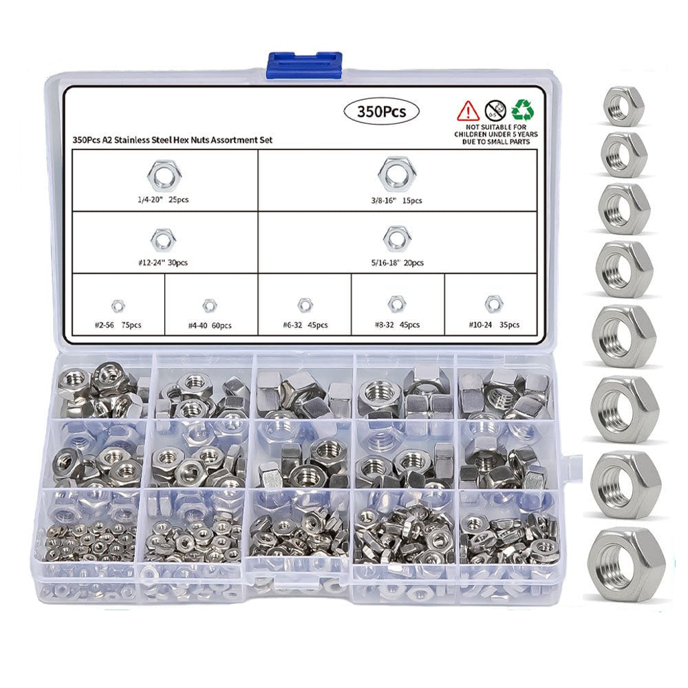 2 4 6 8 10 12 1/4 3/8 5/16 350Pcs 304 Stainless Steel Hex Nuts Assortment Set - HomeDIYer