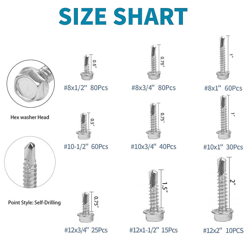 400PCS Stainless Steel Hex Washer Head Self Drilling Tek Screw Assortment Set - HomeDIYer