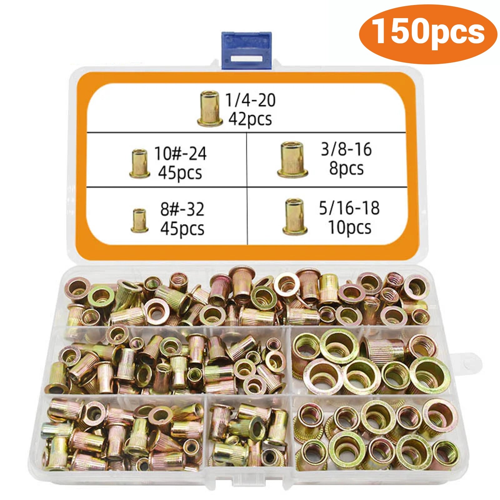 150Pcs Rivet Nuts Kit 1/4 - 20 3/8 - 16 5/16 - 18 10 - 24 8 - 32 - HomeDIYer