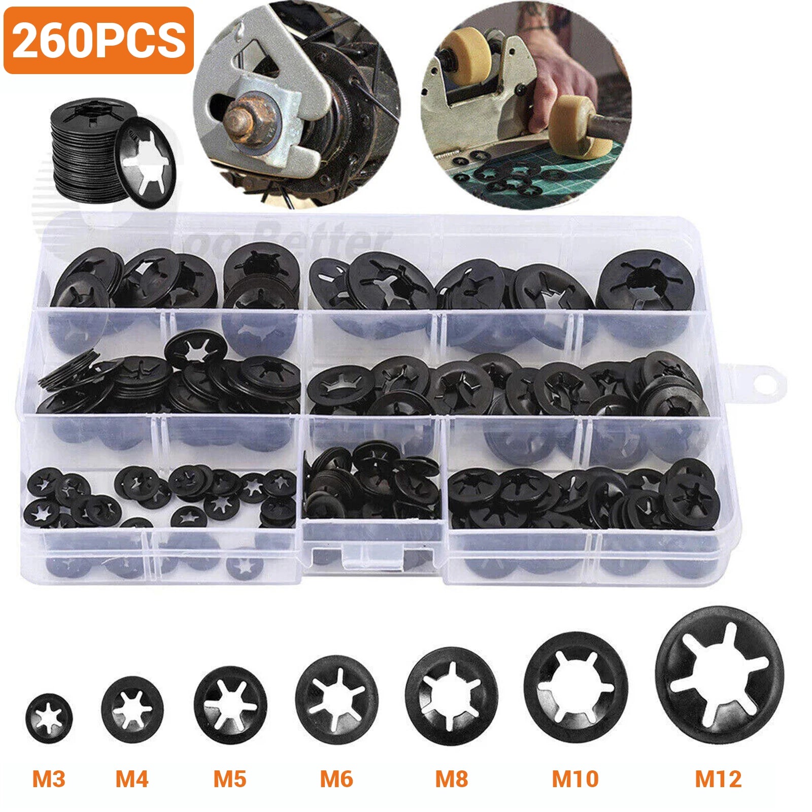 260Pcs Starlock Washers Push M3 - M12 On Lock Star Tooth Grab Fastener Clips Set - HomeDIYer