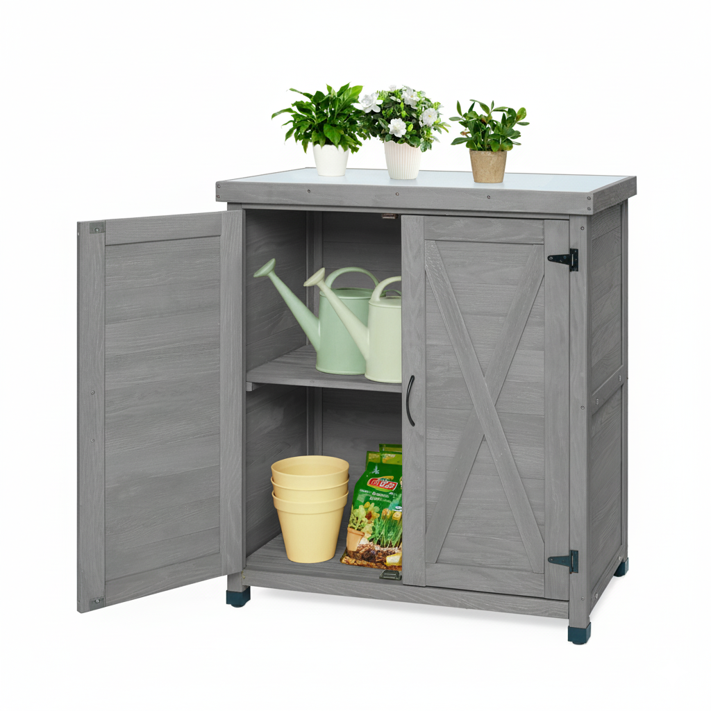 Potting Bench with Storage Cabinet – Outdoor Work Station with Metal Table Top & Zero Maintenance