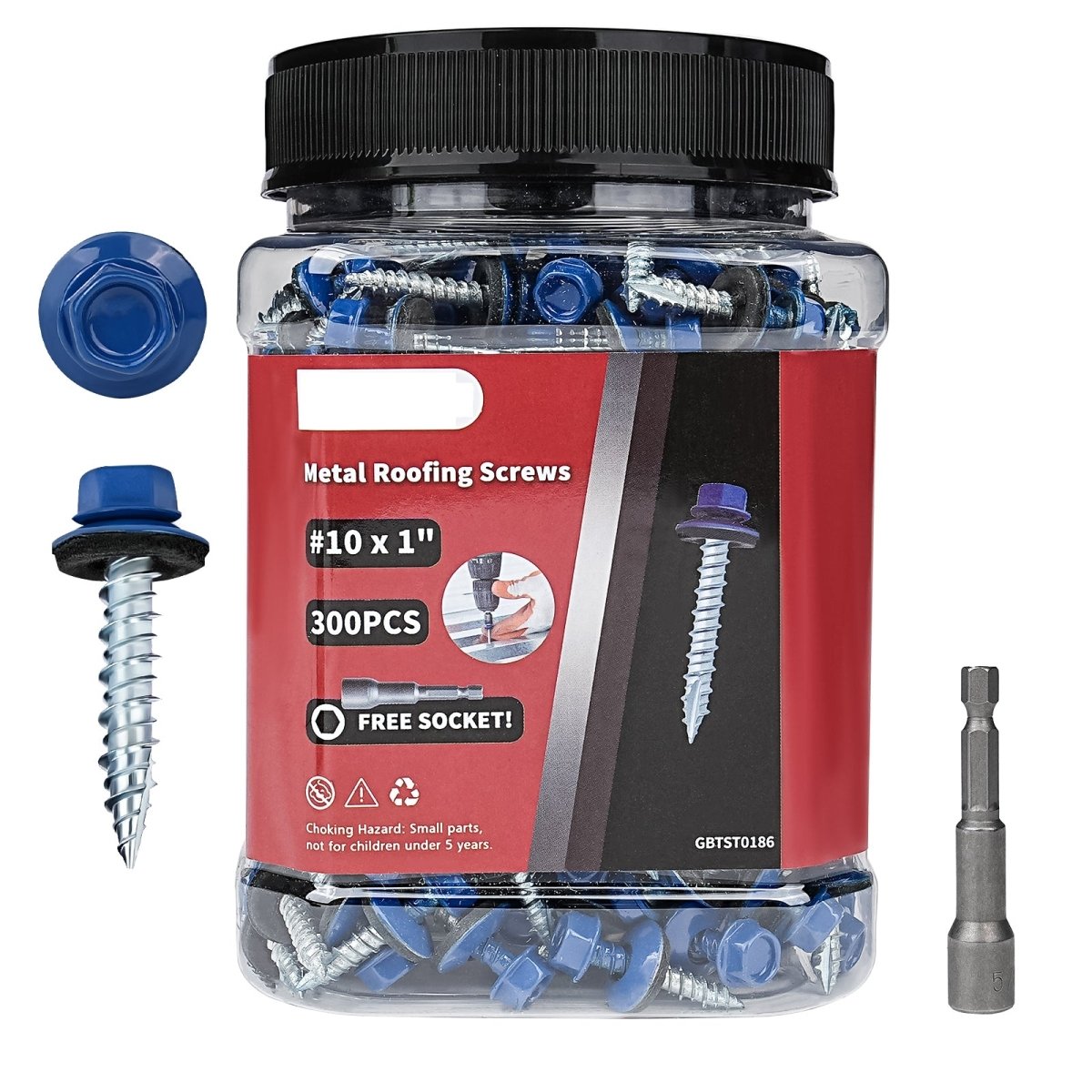 Metal Roofing Screws 10 × 1", 300 - PCS, Blue Painted Hex Head Sheet Metal Roof Screws, Rubber Washer, Sharp Point, Metal to Wood Siding Screws, Hex Socket Included - HomeDIYer