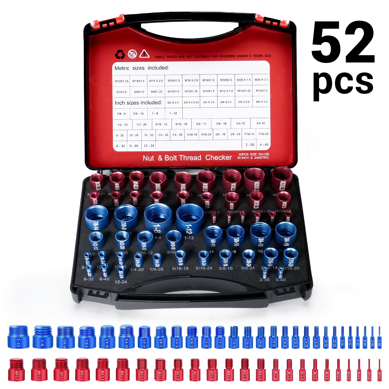 52-Piece Thread Checker Set — Standard & Metric Nut and Bolt Size Finder