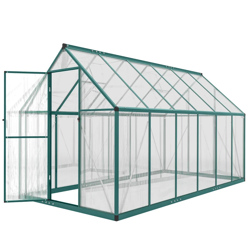 Walk‑In Greenhouse with UPF 50+ Polycarbonate Panels — Adjustable Roof Swing Door Dark Green Clear